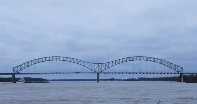 View of Mississippi River barge by Memphis, TN 4K