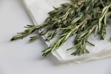 A bunch of rosemary lies on a white napkin