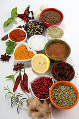 Spices and herbs on table. Food and cuisine ingredients.