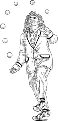 A sketch of a clown juggling balls