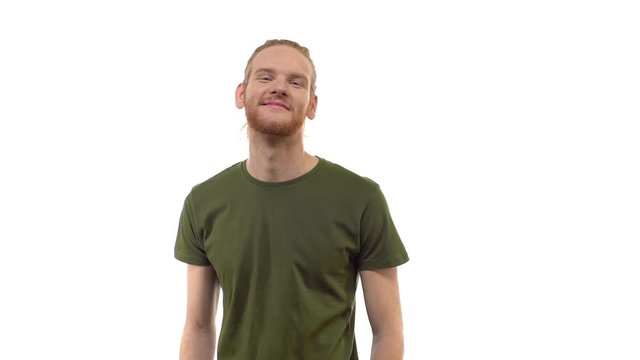Slowmo alluring flirty handsome lope-eared redhead hipster guy looking cheeky confident checking out hot sexy woman winking tempting, seducing smirking lust pleased, standing white background