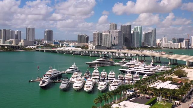 Super Yachts Miami Yacht Show Flyover Towards Downtown Miami Skyline