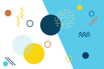 Obraz premium Abstract background pattern made with colorful, geometric shapes. Modern, playful, memphis style vector art in yellow, blue and orange colors..