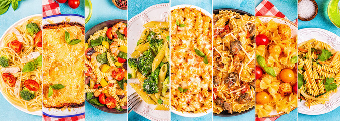 Collage of various pasta dishes.