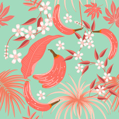 Tropical vector seamless pattern in Living Coral color.