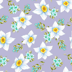 Fototapeta na wymiar Floral pattern in hand draw style with flowers and leaves. Gentle, spring floral background.