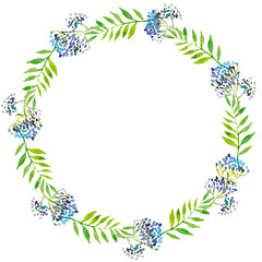 watercolor illustration wreath, green leaves and blue branches.