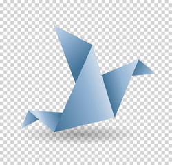 Origami paper bird. Vector illustration. Polygonal shape. Art of paper folding. Japan origami crane, pigeon. Flying bird on abstract background. History of origami. Paper figures in flight.
