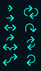 Set of green rounded arrows isolated on black background.