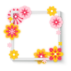 Decorative frame with colorful paper flowers, spring postcard background, vector illustration
