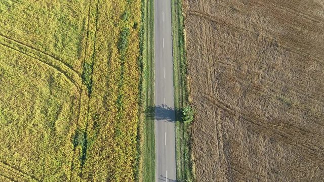 Flying on a kopter along the road passing between two fields