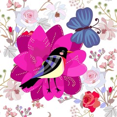 Seamless summer pattern with purple clematis flower, funny bird, big blue butterfly on gentle botanical background. Print for fabric, paper, wallpaper.