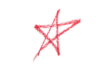 Delicate red textured lipstick stroke shaped star and isolated on white.
