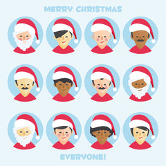 santa claus icon set. people of different nationalities 