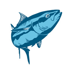 Tuna fish symbol on blue background,Vector. Sport fishing club, restaurant, canned, food logo