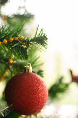 red christmas ball ornament decoration on tree , copyspace for banner text or greeting