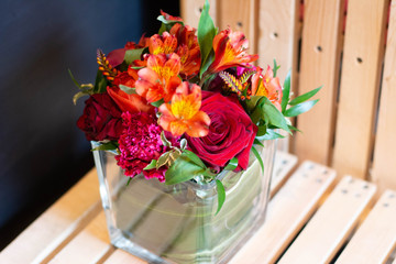 Alstroemeria, Tulip, carnation, freesia, rose, ruskus, aspidistra, flower, flowers, bouquet, plant, pink, nature, pot, white, floral, garden, red, spring, blossom, colorful, isolated, green, decoratio