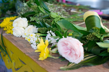 flower, bouquet,  rose, Mimosa, Allium Narcissus aspidistra skimia Tulip