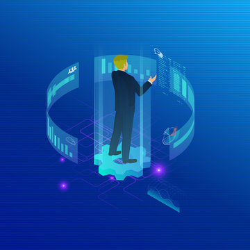Man interacting with graphs and papers. Workflow and business management  3D vector isometric illustration