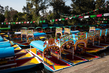 Colorful Boats on Embarcadero of Xochimilco in Mexico City