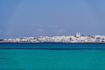 Picturesque view to Naussa from Kolymbithres beach. Paros island, Greece