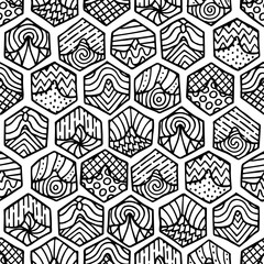 Hand drawn seamless pattern with doodle filled hexagons