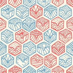 Hand drawn seamless pattern with doodle filled hexagons