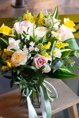 flower, bouquet,  rose, Mimosa, Allium Narcissus aspidistra skimia Tulip