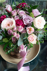 Calla, carnation, Tulip, rose Bush, rose, Ruscus, Pittosporum