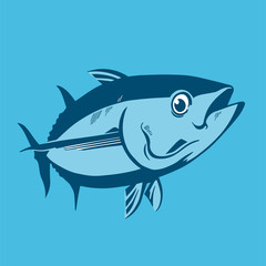 Tuna fish symbol on blue background,Vector. Sport fishing club, restaurant, canned, food logo