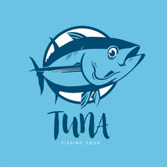 Tuna fish symbol on blue background,Vector. Always fresh logo