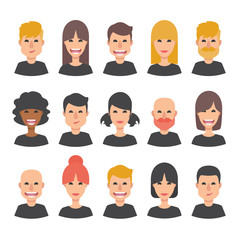 Set of 15 diverse avatars. Different nationalities and hair styles. Isolated faces. 