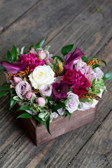 Calla, carnation, Tulip, rose Bush, rose, Ruscus, Pittosporum