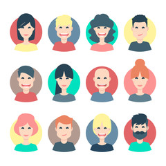 Set of 12 diverse avatars. Different nationalities, clothes and hair styles. Isolated faces. 