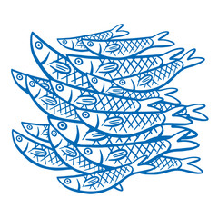 Hand Drawn Illustration a shoals of fish in the water. Sardine (sardina pilchardus)