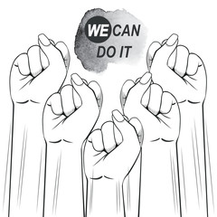 Black and white illustration of female fists raised up protesting