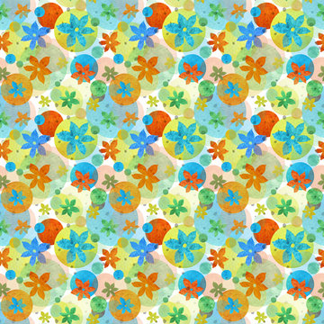 Abstract seamless pattern in spring colors with flowers and circles