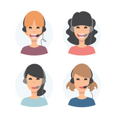 4 Call center operator with headset. Female avatar set. Client services and communication, customer support, phone assistance, information, solutions. Vector