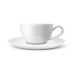 Realistic Vector 3d Glossy Blank White Coffee Tea Cup, Mug Icon Closeup Isolated on White Background. Design Template of Porcelain Cup or Mug and Saucer Plate for Branding, Mockup. Front view