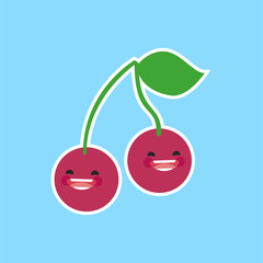 Cherries (guinda) with cute face. Illustration funny and healthy food cartoon. Blue background