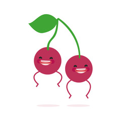 Cherries (guinda) with cute face. Illustration funny and healthy food cartoon. White background