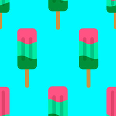 Vector seamless pattern with ice cream on light blue background. Flat style design