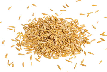 Pile of oat seeds isolated on white background, top view