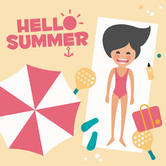 ahello summer! woman lying on her towel in the sand with the necessary elements to enjoy a amazing day at the beach