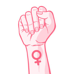 Symbol of feminist movement. Woman hand with her fist raised up. Girl Power. Happy Women's Day concept