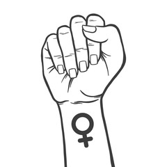 Symbol of feminist movement. Woman hand with her fist raised up. Girl Power. Happy Women's Day concept. Black and white