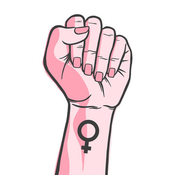 Symbol Of Feminist Movement. Woman Hand With Her Fist Raised Up. Girl Power. Happy Women's Day Concept