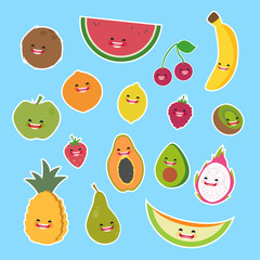 Cartoon fruits cute characters face on blue background. Vector collection . Emoticon emoji. Funny food concept.