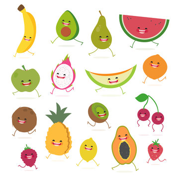 Cartoon fruits cute characters face on isolated background. Vector collection . Emoticon emoji. Funny food concept.
