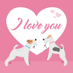 Happy Valentines day card. Two happy dogs declare their love. Cute background for wedding invitation.